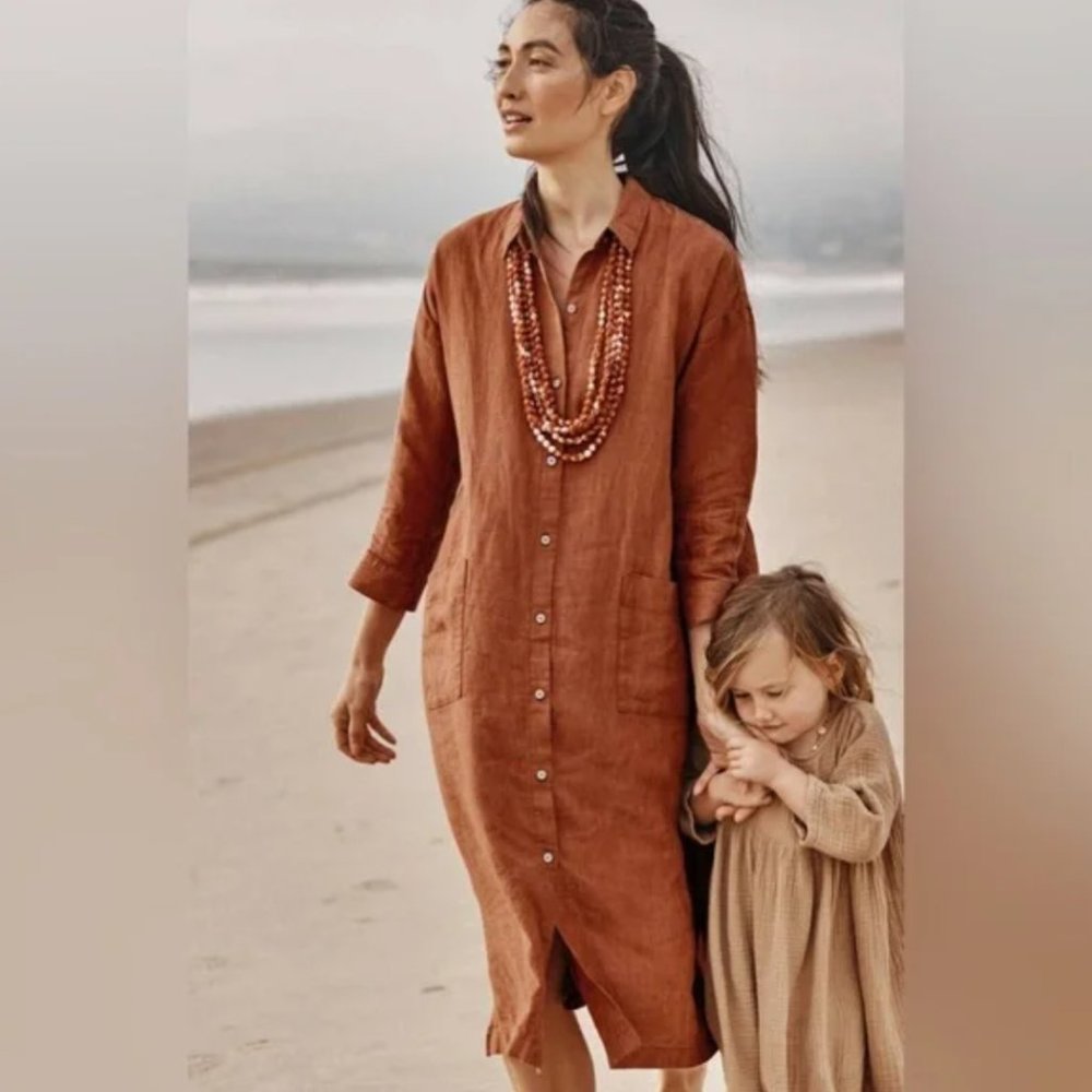 Pure Jill 100% Linen Midi Shirt Dress Button Up Pockets Medium Lagenlook Modest